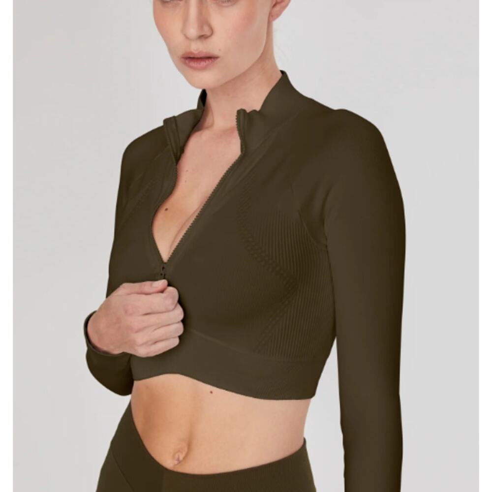 NEW JOJA Women's Army Green The Exhale Long Sleeve Cropped Half Zip Size S